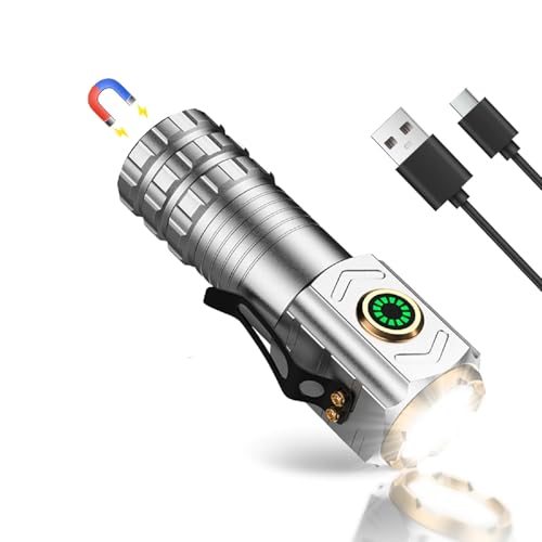 Cuteefun Mini Taschenlampe LED USB Aufladbar, Starke LED Taschenlampe Extrem Hell, Magnetische wasserdichte Taschenlampen Klein mit Seitliche Clip, 5 Lichtmodi for Notfälle Camping, Silbern von Cuteefun