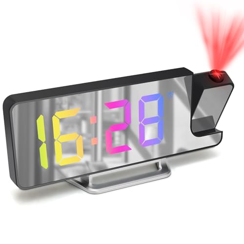 Cuteefun Projektionswecker, Projektion Uhr mit LED Bildschirm, Projektionsuhr mit Temperatur, Snooze, Einstellbare Helligkeit, 12/24H Anzeige, Wecker Digital mit Deckenprojektion, Bunte Ziffern von Cuteefun