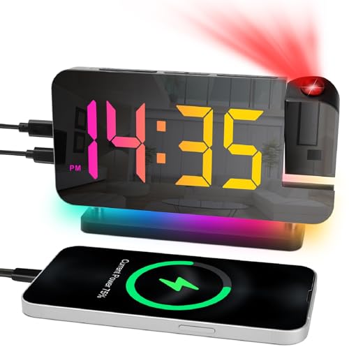 Cuteefun Projektionswecker, Wecker mit Projektion, Projektionsuhr mit Dualem USB C/A Ladeanschluss, 11 Farben RGB Ziffernanzeige, 6 Stufiger Helligkeit, Snooze, Wecker Digital mit 10 Farblichtern von Cuteefun
