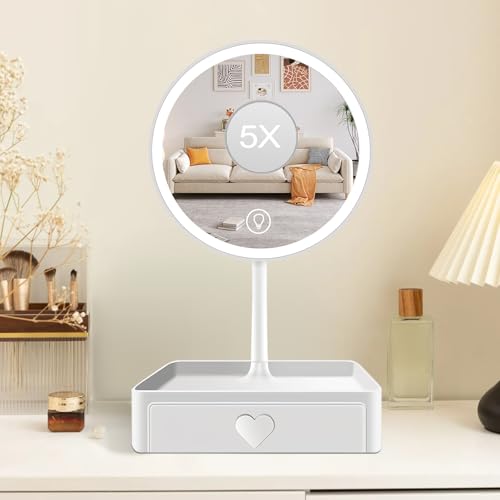 Cuteefun Schminkspiegel mit Beleuchtung, 5X VergrößErungsspiegel, Tischspiegel mit Schublade, 3 Farben Dimmbar, USB Aufladbar, LED Kosmetikspiegel für Schlafzimmer, Waschtisch, Badezimmer, Weiß von Cuteefun