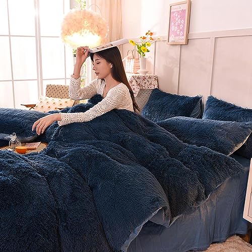 Cutfouwe 3 STÜCKE Shaggy Bettdecke Bettwäsche Set König Flauschige Bettdecke Abdeckung Lange Faux Pelz Luxus Ultra Soft Cozy Plüsch Plain Farbe Bettbezug Set Ohne Füllstoff,Dark Blue von Cutfouwe