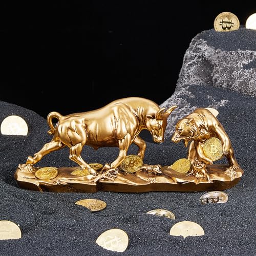 Cutfouwe Bitcoin skulptur deko modern –bulle und bär Figuren - für Büro und Zuhause,Gold,28cm von Cutfouwe