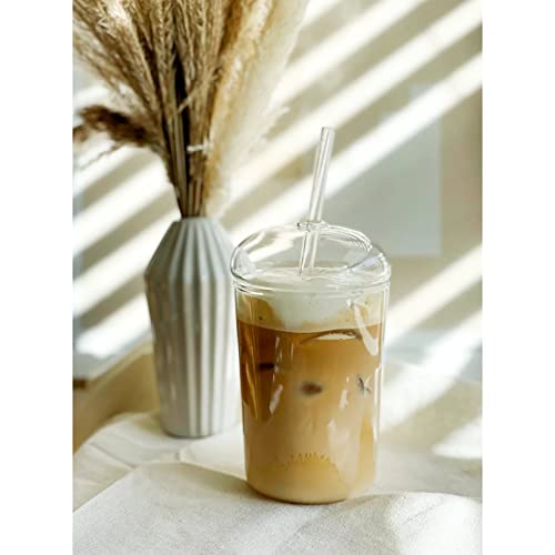 Cutfouwe Eiskaffee Gläser mit Glas Deckel und Glas Strohhalm 450 ML， Wiederverwendbar Becher，Transparent Trinkbecher für Kaltes Getränk,Clear von Cutfouwe