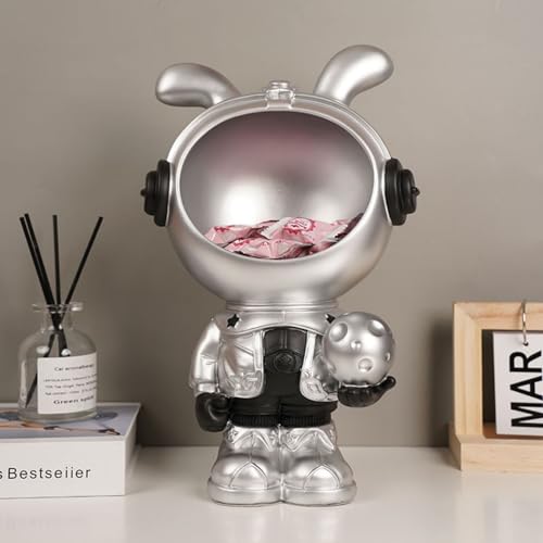 Cutfouwe Kaninchen Figurine Statue - Kaninchen Astronauten Tablett Dekor Süßigkeitenschale, Schmucktablett, Schlüsselablage Desktop-Dekor Für Zuhause Und Büro,Silber,H von Cutfouwe