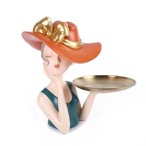 Cutfouwe Skulptur Deko - Lustiges Tablett Deko, Harz Mädchen Statue Mit Herausnehmbarem Metalltablett - Perfekte Wohnzimmer, Büro, Oder Schreibtisch Dekoration,Orange,A von Cutfouwe
