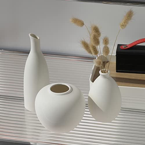 Cutfouwe Weiße Vasen Set of 3 Keramik Vase Skandinavisch Weiß für Hasenschwanz Gras Pampasgras Getrocknete Blumen Modern Deko Vase Weiß Rustikale Bauernhaus Home Decor,Weiß von Cutfouwe