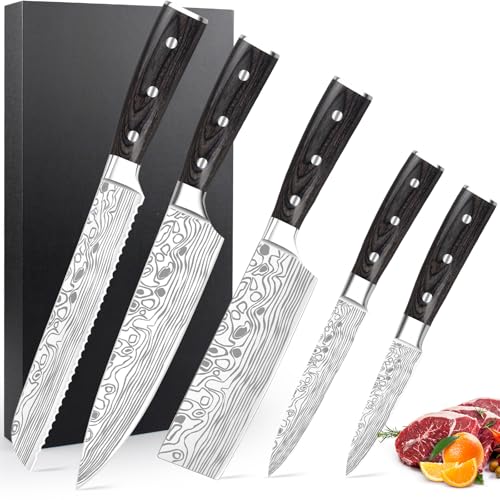 Cutiore Kochmesser Set 5pcs aus Hochwertigem Edelstahl Profi Küchenmesser Set mit Kochmesser Brotmesser Nakiri Messer Allzweckmesser und Gemüsemesser in Geschenkbox von Cutiore