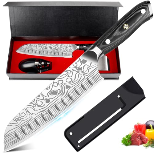 Cutiore Santoku Messer 7 Zoll, Kochmesser Küchenmesser Profi Chefmesser aus EN.4116 Edelstahl Scharfe Klinge mit Fingerschutz Messerschärfer in Geschenkbox von Cutiore