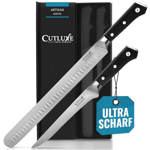 Cutluxe BBQ Messerset mit 2 - Fleischmesser & Filetiermesser zum Schneiden von Fleisch - Küchenmesser Scharf - deutscher Stahlklinge - Full Tang - Ergonomische Griffe - Artisan Serie von Cutluxe