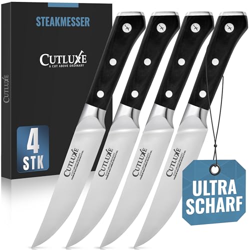 Cutluxe Steakmesser - Gerade Kante Steakmesser 4er Set 13cm - Geschmiedeter Hartstahl - Vollzapfen - Ergonomisches Griffdesign & Extrem Scharf - Artisan Serie von Cutluxe