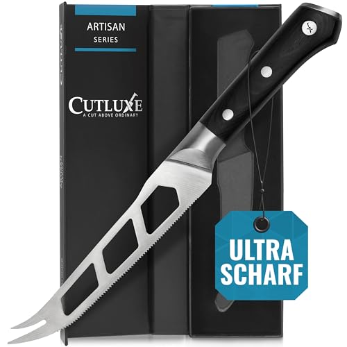 Cutluxe Käsemesser 13 cm für Weich und Hartkäse – Gabelspitze, Gezackt und Antihaftklinge – Hochwertiger Deutscher Karbonstahl – Volltang und Ergonomisches Griffdesign – Artisan Serie von Cutluxe