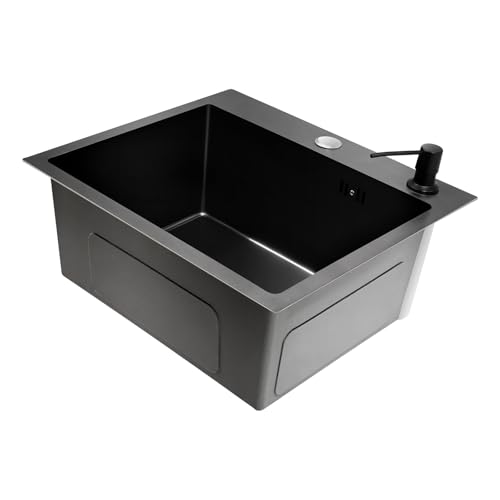 Spüle Spülbecken Schwarz 40 x 45 cm Einbauspüle Küchenspüle Edelstahl Rechteckig, Spüle Küche mit Seifenspender, Moderne Edelstahlspüle mit Ablaufgestell, 1 Becken von Cutycaty