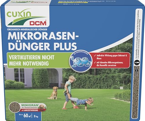 CUXIN DCM Mikrorasen-Dünger Plus - Langzeit Rasendünger - MINIGRAN® TECHNOLOGY - Kein Vertikutieren nötig - organisch-mineralischer NPK-Dünger- 3 KG für 60qm von Cuxin