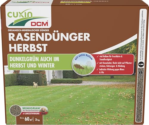 CUXIN DCM Rasendünger Herbst - Langzeit Rasendünger - Mit MINIGRAN® TECHNOLOGY - Frosthärte & Standfestigkeit - organisch-mineralischer Dünger - 3 KG für 60qm von Cuxin