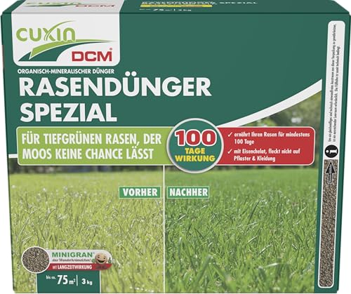 CUXIN DCM Rasendünger Spezial - Langzeit Rasendünger - In MINIGRAN® TECHNOLOGY - Geeignet für Streuwagen - organisch-mineralischer NPK-Dünger- 3 KG für 75qm von Cuxin