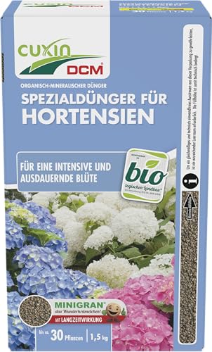 CUXIN DCM Spezialdünger für Hortensien - Spezialdünger - Mit MINIGRAN® TECHNOLOGY - Für Hortensien - Bio - organisch-mineralischer NPK-Dünger - 1,5 kg von Cuxin