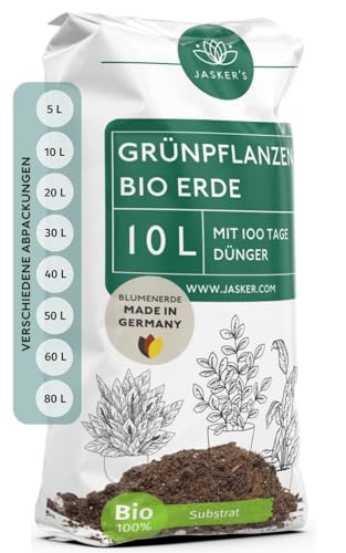 Bio Grünpflanzenerde 10 L - Blumenerde Zimmerpflanzen Erde aus 45% weniger Torf - Erde für Zimmerpflanzen mit Dünger - Zimmerpflanzenerde - Pflanzenerde Zimmerpflanzen - Erde für Pflanzen von JASKER'S