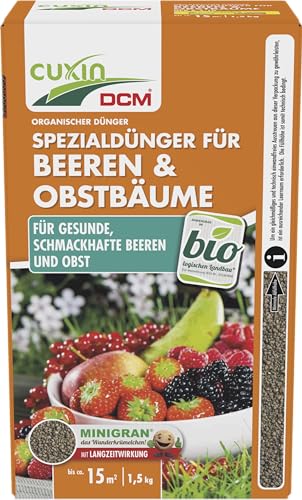 CUXIN DCM Spezialdünger für Beeren & Obstbäume - Beerendünger - Mit MINIGRAN® TECHNOLOGY - Beeren Langzeitdünger - Obstbaum - Heidelbeeren - Erdbeer - Bio Dünger - organischer NPK-Dünger - 1,5 KG von DCM