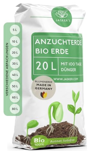 Bio Anzuchterde 20 L - Aus 100% nachwachsenden Rohstoffen - Aussaaterde für Gemüse, Kräuter, Stecklinge, Tomaten, Chili - Saaterde - Aufzuchterde - Anzuchtserde - Aufzuchtserde von JASKER'S