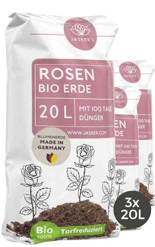 Bio Rosenerde 60 L (3x20L) - Blumenerde für Rosen aus 40% weniger Torf - Pflanzerde Rosen - Rosenerde für Kübel mit Dünger - Erde für Pflanzen - Rosen Anzucht Erde - Erde für Rosen - Rosen Erde von JASKER'S