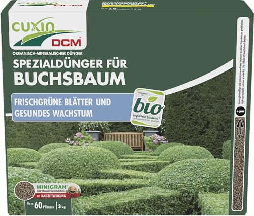 CUXIN DCM Spezialdünger für Buchsbaum - Spezialdünger - Langzeitdünger - Mit MINIGRAN® TECHNOLOGY - Mit Magnesium und Meereskalk - Bio - organisch-mineralischer NPK-Dünger - 3 kg von Cuxin