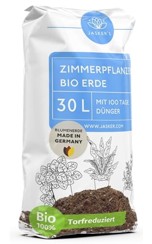 Blumenerde Zimmerpflanzen 30 L - Zimmerpflanzen-Erde aus 100% natürlichen Rohstoffen - Für Blüh- & Grünpflanzen - Luftig & Lockere Erde für Pflanzen mit Dünger - Pflanzenerde Zimmerpflanzen von JASKER'S