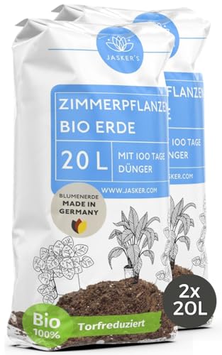 Bio Blumenerde Zimmerpflanzen Erde 40 L (2x20L) - Um 45% torfreduzierte Pflanzenerde mit Dünger - Erde für Pflanzen - Zimmerpflanzenerde - Erde Zimmerpflanzen - Grünpflanzenerde - Universalerde von JASKER'S