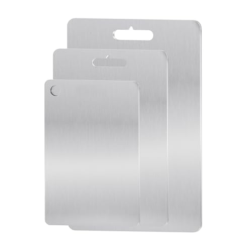 3 Stück Titan Schneidebrett Titanium Cutting Board 304 Edelstahl Schneidebrett Küchenbrett für Fleisch, Gemüse, Obst 25x15 cm, 29x20 cm und 39x28 cm von Cuyacili