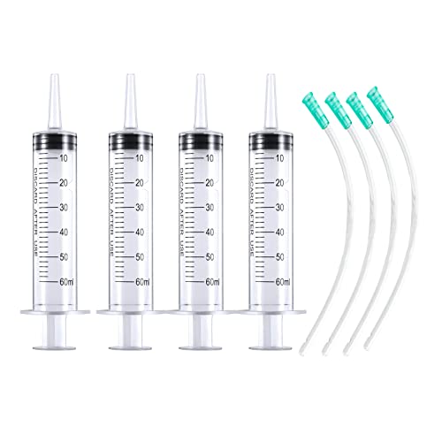 4 Stück 60ml Großer Plastikspritze ohne Nadel Spritze Transparente Kunststoffschläuche mit Schlauch PVC Skala Dosierspritze für Scientific Labs Messflüssigkeiten Tierfütterung Pflanzenbewässerung von Cuyacili