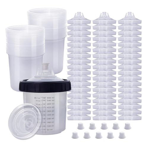 Cvoepobey Farbspritzgerät-Mischbecher, 20 Unzen (600 Ml) Set mit 55 Bechern und Deckelsystem, 1 Hartbecher mit Haltering und 10 Stopfen von Cvoepobey