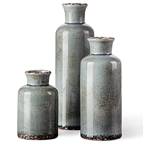 CwlwGO - Rustikale Keramikvase für Heimdekoration, Set mit 3 dekorativen Vasen für Tisch, Retro-Blau, Küche, Wohnzimmer, ideal für eine dekorative Note zu jedem Raumdekor. von CwlwGO