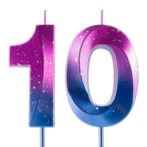 Kerzen mit der Zahl 10 zum 10. Geburtstag, Galaxie-Farbverlauf, Happy Birthday, violett-blauer Farbverlauf, Premium-Wachs und 3D-Diamant-Design, Kuchendekoration, Dekoration für Geburtstagsparty Kerzen mit der Zahl 10 zum 10. Geburtstag, Galaxie-Farbverlauf, Happy Birthday, violett-blauer Farbverlauf, Premium-Wachs und 3D-Diamant-Design, Kuchendekoration, Dekoration für Geburtstagsparty von Cxryrzhe