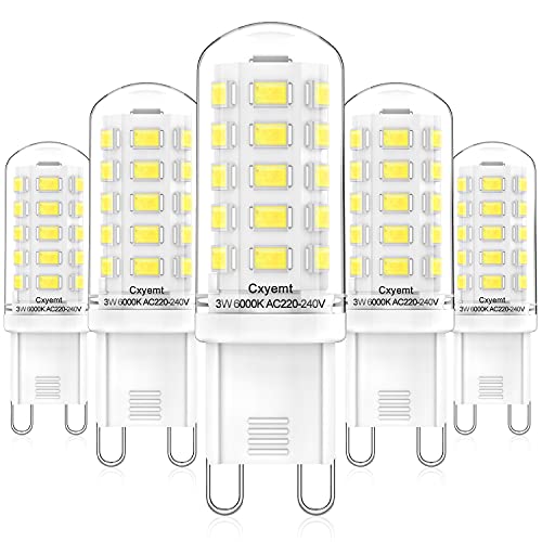 Cxyemt G9 LED Lampen 3W Ersetzt 28W 33W 40W Halogenlampen, 6000K Kaltweiß G9 LED Energiesparlampe Glühbirne, AC 220-240V, Nicht Dimmbar, Kein Flickern Leuchtmittel, 5er Pack von Cxyemt