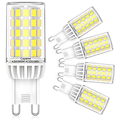 Cxyemt G9 LED Lampen 6000K Kaltweiß Leuchtmittel, 4,5W Ersatz Für 40W 50W G9 Halogenlampe, AC 220-240V G9 LED Glühlampe, Kein Flackern, Nicht Dimmbar, 5er Pack von Cxyemt