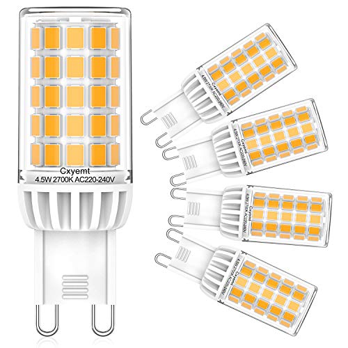 Cxyemt G9 LED Lampen Warmweiß 2700K Leuchtmittel, 4,5W Ersatz Für 40W 50W G9 Halogenlampe, AC 220-240V G9 LED Glühlampe, Kein Flackern, Nicht Dimmbar, 5er Pack von Cxyemt