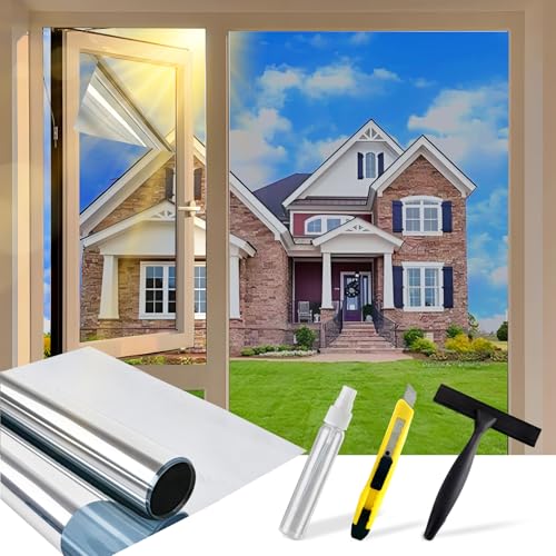 Cycbiki (2025 Premium Fensterfolie Sonnenschutz) UV400 Schutz Spiegelfolie Fenster Sichtschutz 100 * 120cm reflektierende Selbsthaftend Rückstandslose Sonnenschutzfolie Fenster innen&außen, Silber von Cycbiki