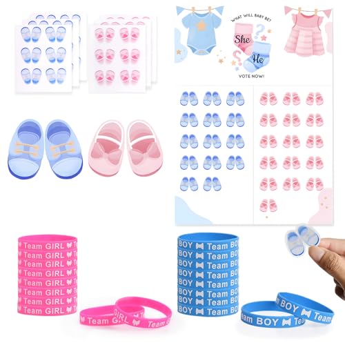 Cyiecw 57 PCS Gender Reveal Party Deko Set,Geschlecht Verkünden with 1 Stk Abstimmung Poster, 36 Stickers,20 Pcs Team Girl or Boy Armbänder Spiele Mitgebsel,für Enthüllung Party Baby Shower Babyparty von Cyiecw