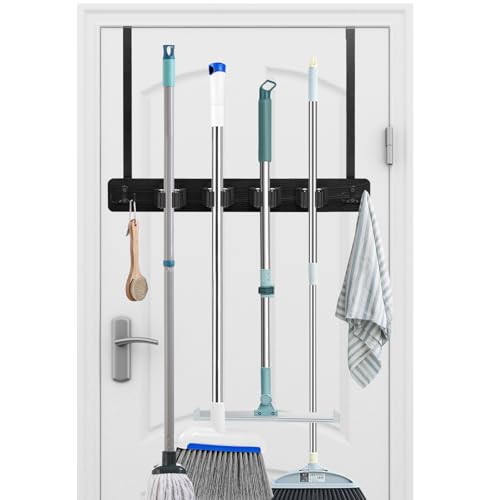 Cyiecw Besenhalterung Wand oder Besenhalter über der Tür, Bohrbare Werkzeug Wandhalterung, Holz Edelstahl Besen Mop Werkzeug Gartengerätehalter, Tür Organizer mit 4 Halter und 2 Haken, 1PCS (Schwarz) Cyiecw Besenhalterung Wand oder Besenhalter über der Tür, Bohrbare Werkzeug Wandhalterung, Holz Edelstahl Besen Mop Werkzeug Gartengerätehalter, Tür Organizer mit 4 Halter und 2 Haken, 1PCS (Schwarz) von Cyiecw
