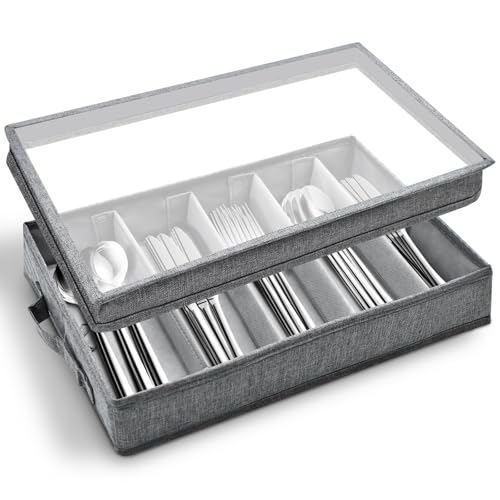 Cyiecw Besteckkasten mit Deckel, Tragbar Besteckaufbewahrung Besteckeinsatz, Besteckbox mit 5 Verstellbaren Fächern, Besteck Organizer für Messer, Gabel und Löffel (42,5 x 29,5 x 8cm) von Cyiecw