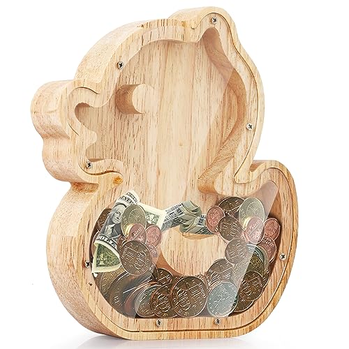 Cyiecw Spardose Kinder Jungen Mädchen Holz,Kleine Gelbe Ente Durchsichtige Piggy Bank,Baby Personalisiert Sparbüchse Groß,Tresor Sparschwein Geburtstag Geschenk Heimdekoration Keepsake Taufgeschenke von Cyiecw