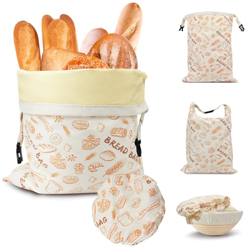 Cyiecw Wiederverwendbare Brotbeutel Leinen 2er Set 32x42cm und 18x18cm, Wasserabweisend Brotsack mit Gummiband und Karabiner, Brotbeutel Aufbewahrung Frischhalten für Brot und Backwaren von Cyiecw