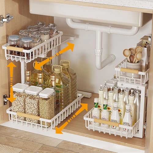 Cyiecweu 2 Etagen Küchenschrank Organizer, L Form Höhenverstellbares Spülschrank Organizer, Ausziehbarer Schrank Organizer Küche, Mehrzweck Kohlenstoffstahl Tnterschrank Organizer, Weiß, 1PC von Cyiecweu