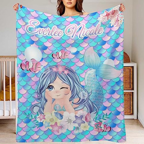 Cyiecweu Personalisierte Babydecke Kinderdecke mit Namen Individuelle Meerjungfrau Decke für Mädchen Personalisierte Baby Decke Geschenke für Geburtstag Fleece Blanket for Room Decoration,150x200cm von Cyiecweu