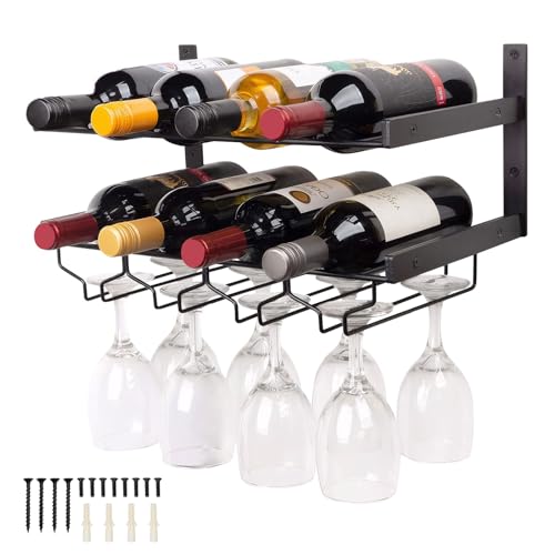 Cyiecweu Weinregal Wand aus Metall, Stabil Schwarz Flaschenregal für Home Küche Bar Wanddekor, Wandmontierter Weinhalter Rack, für 8 x Gläser und 8 x Weinflaschen, 2-Stufig Weinflaschenhalter Wand von Cyiecweu