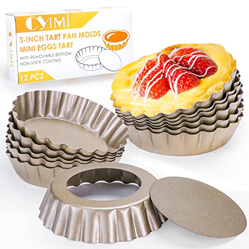 Cyimi 3" Tarteform mit Hebeboden 12 Stück Eierkuchenformen Törtchenform 8 cm, Tartelette Förmchen Antihaftbeschichtung Mini Quicheform, Gold von Cyimi