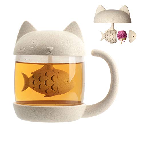 Cymax 250ml Katze Glas Tasse Teetasse mit Fisch Tee Infuser Siebfilter Wasser Becher Perfektes Weihnachten Geburtstag Geschenk für Katzenliebhaber von Cymax