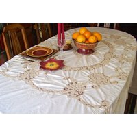 Vintage Bankett Tischdecke 90 X 80 Leinen Und Spitze von CynthiasAttic