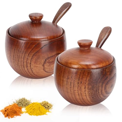 2 Set Salz- und Pfefferbox, Salzbehälter aus Holz mit Deckel und Löffel Japanische Gewürzbehälter für Kräuter Gewürze Gewürze Salzkeller von Cyrank