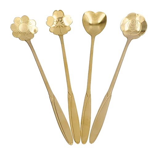 4Pcs Edelstahl Kaffeelöffel, Kaffee Rührlöffel Blume Herzförmige Getränke Rührer Latte Löffel Langer Griff für Kaffee Tee(Gold) von Cyrank