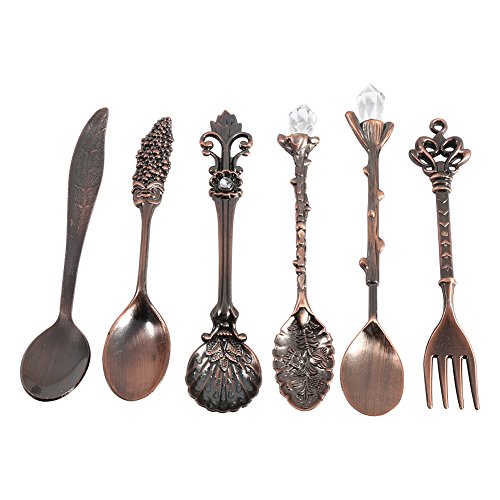 6-teiliges Löffel-Dessertgabel-Geschirr-Set, Vintage Royal Style Metall-Kaffee-Dessert-Besteck-Set für Kaffee-Obst-Kuchen(Roter Messing) von Cyrank